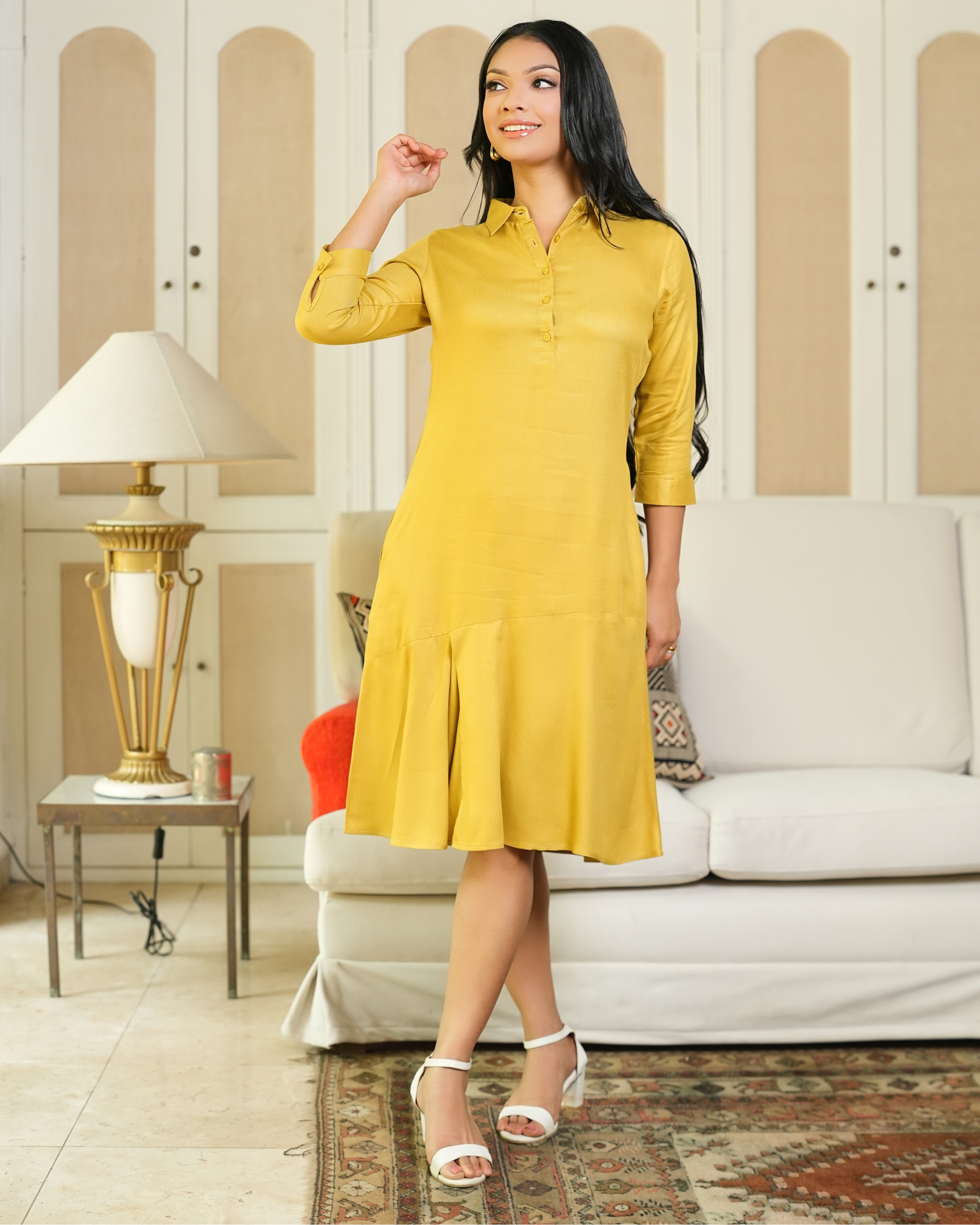 Inverted Pleat Detail Slant Tiered Short Shirt Dress - Image 3