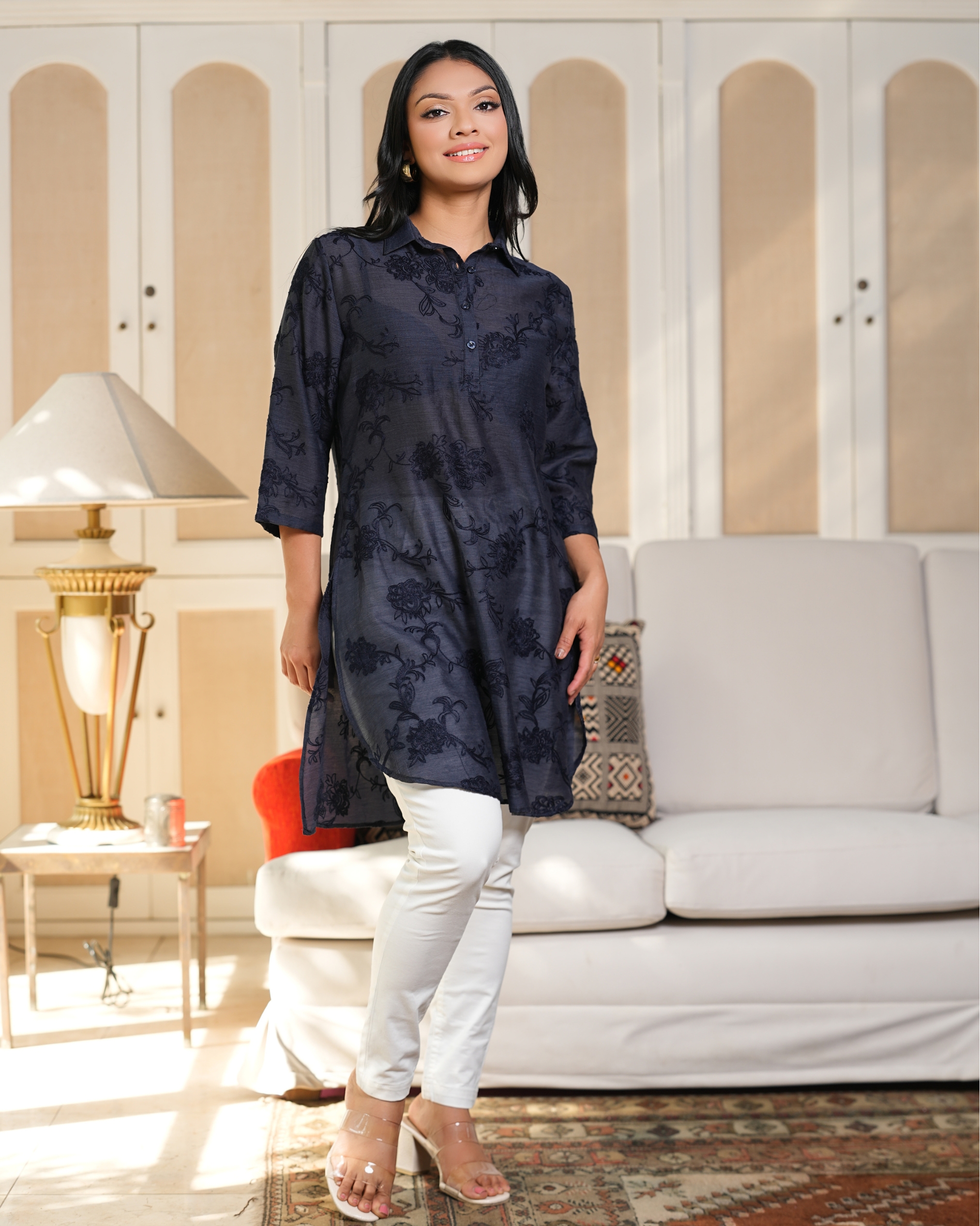 Loose Fitted All-Over Floral Embroidery Kurta Top - Image 4