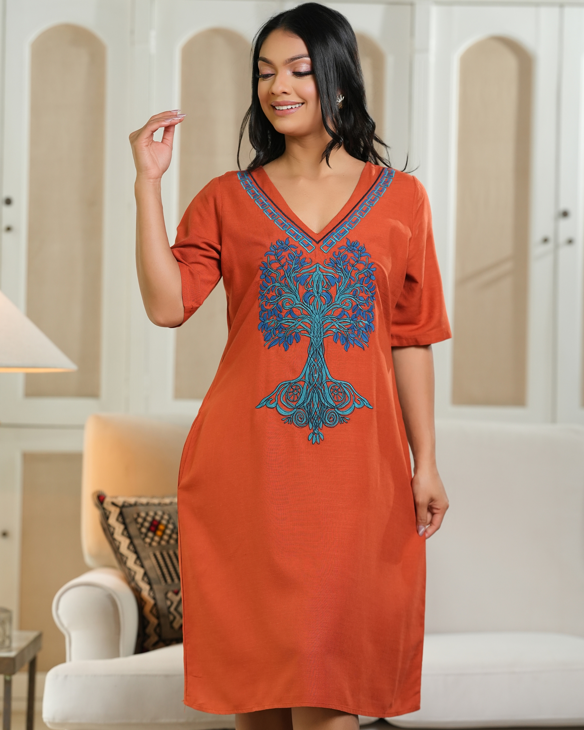 Botanical Embroidery Detail Short Dress - Image 2