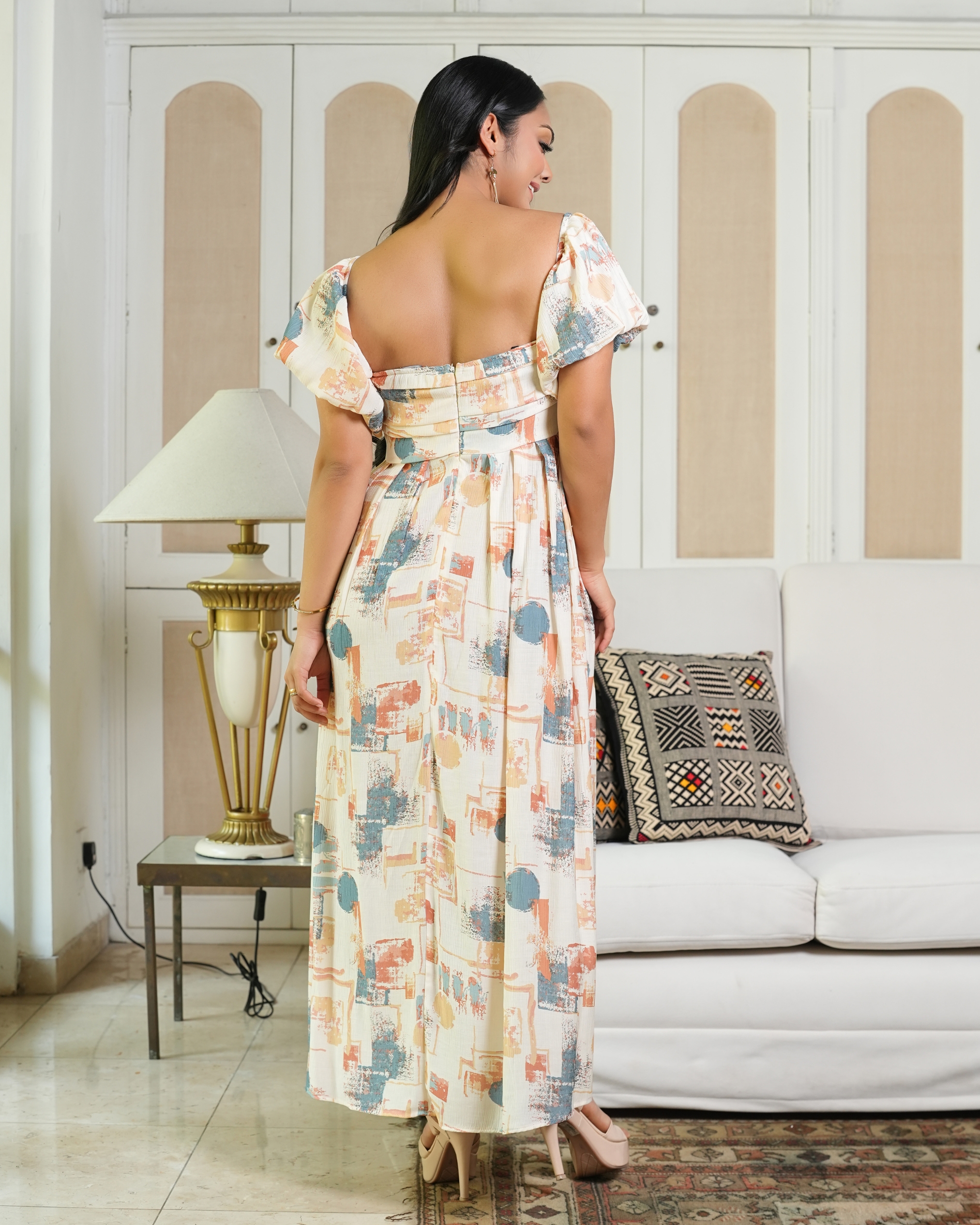 Abstract Patterned Puff Sleeved Maxi Dress - Image 7