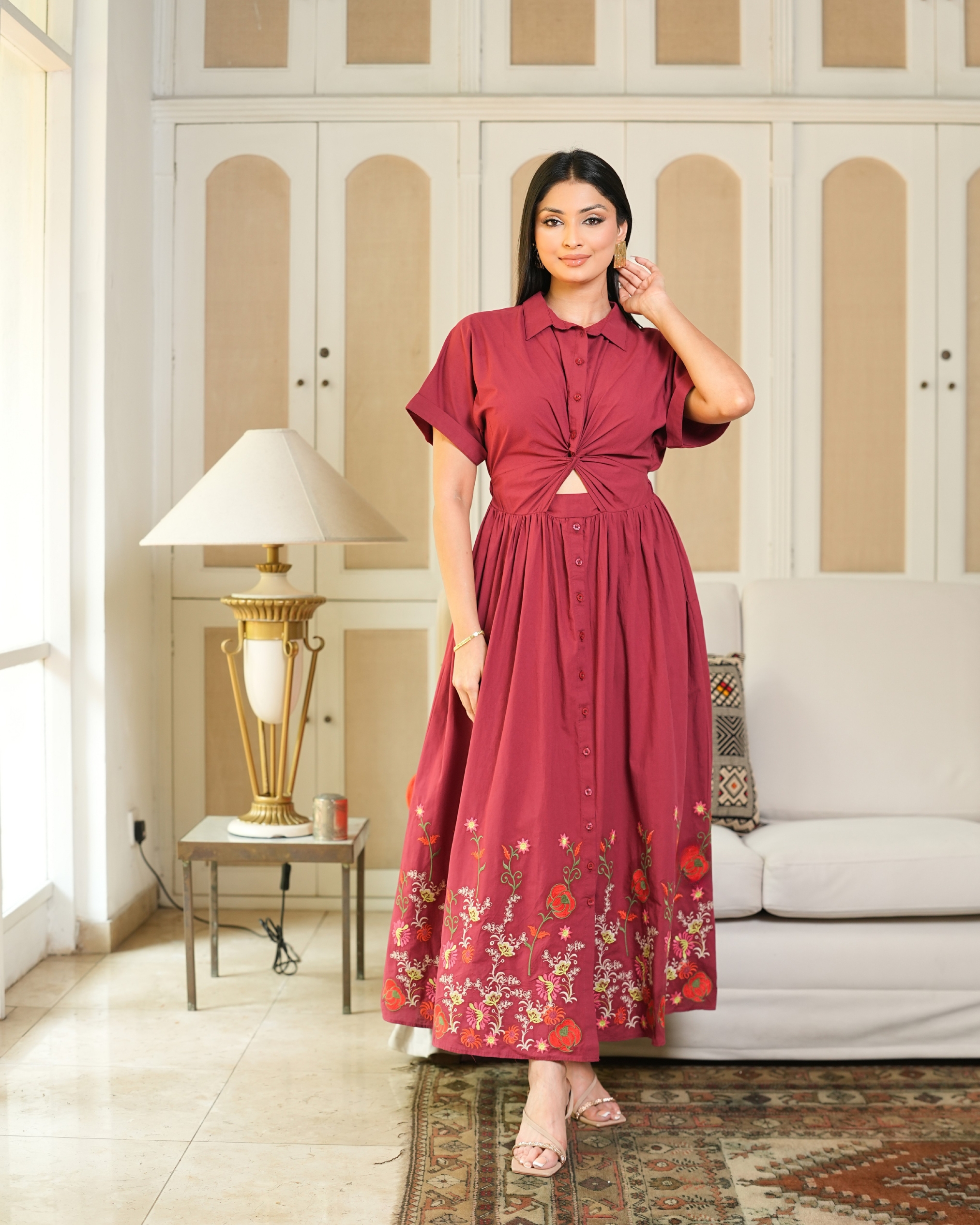 Floral Embroidered Front Twist Detail Maxi Dress - Image 5