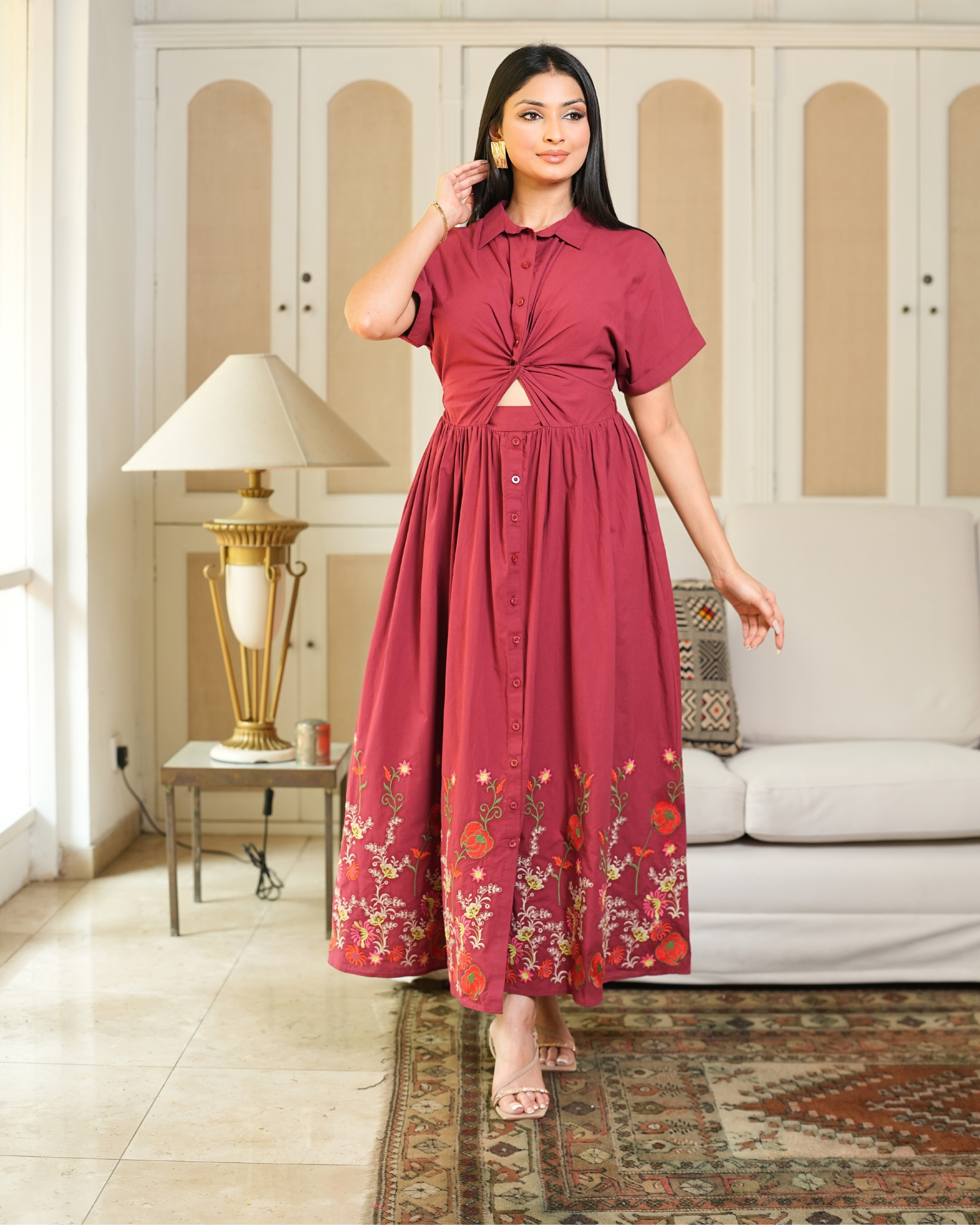 Floral Embroidered Front Twist Detail Maxi Dress - Image 7