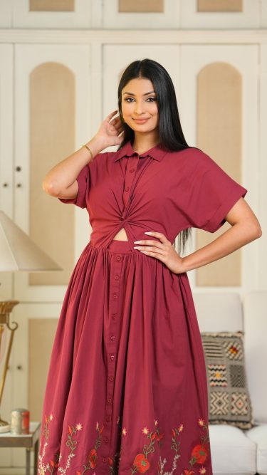 Floral Embroidered Front Twist Detail Maxi Dress