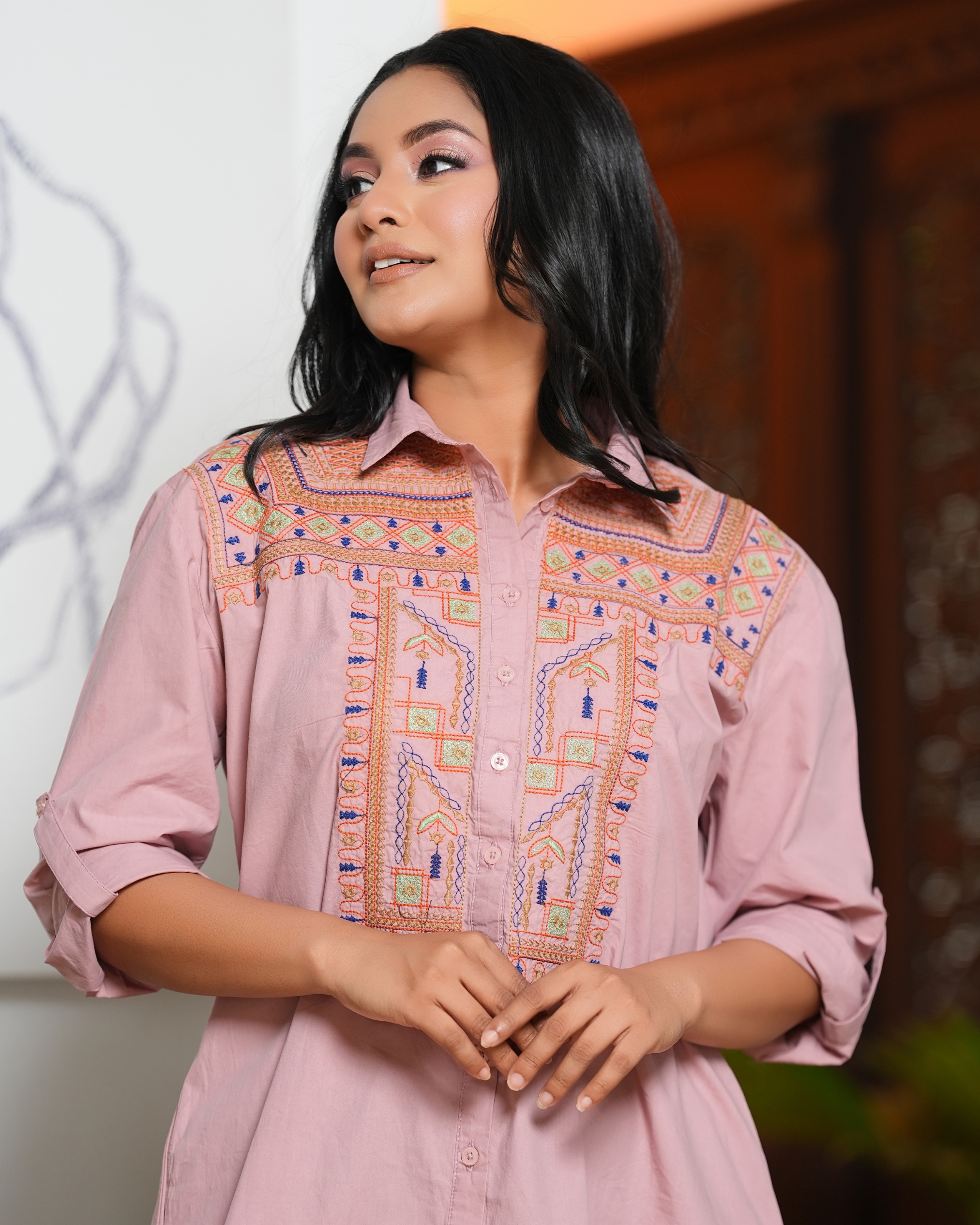 Geometric Embroidery Detail Relaxed Fit Short Shirt Dress - Image 2