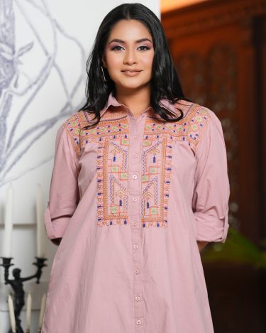 Geometric Embroidery Detail Relaxed Fit Short Shirt Dress