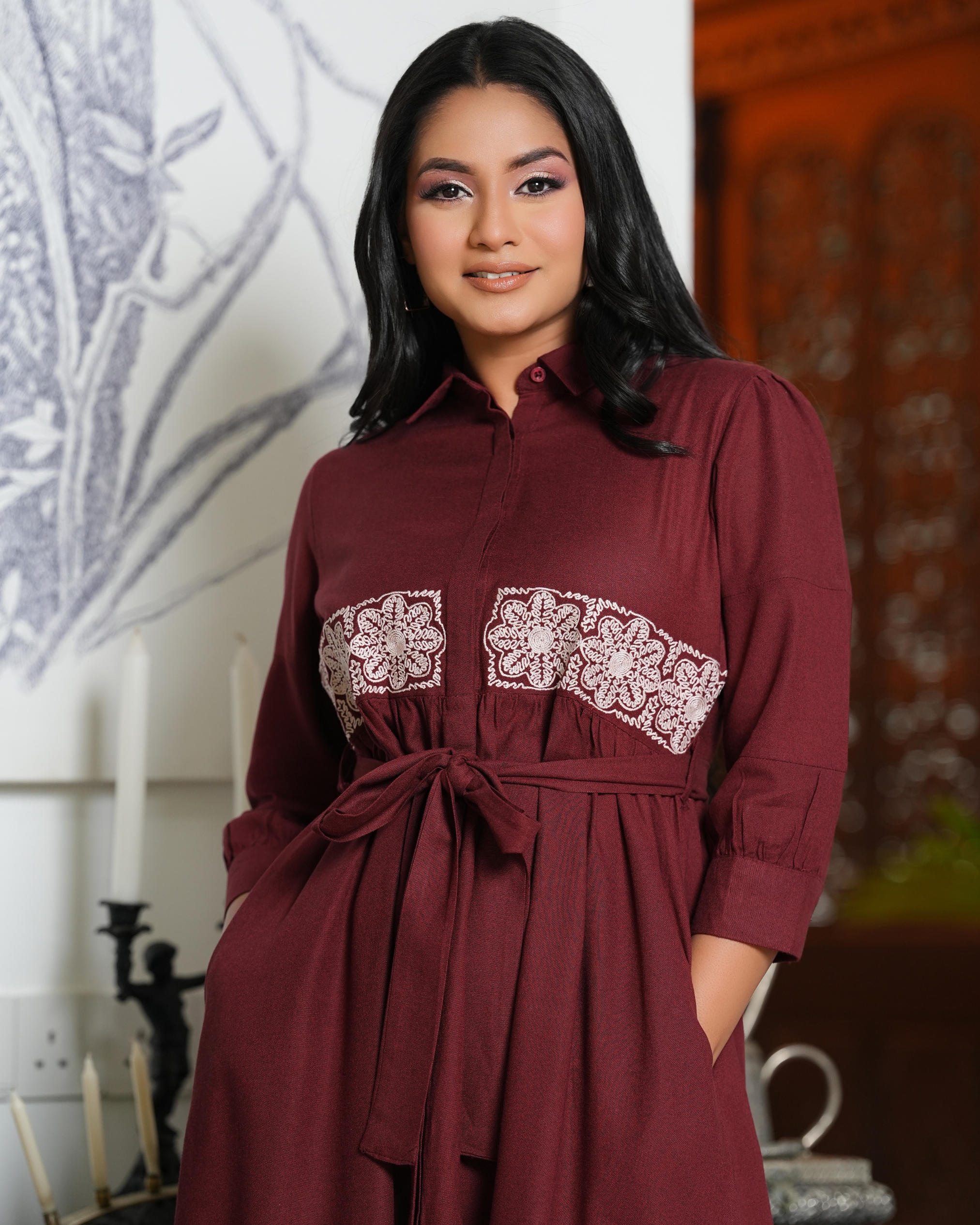 Embroidery Detail Belted Maxi Shirt Dress