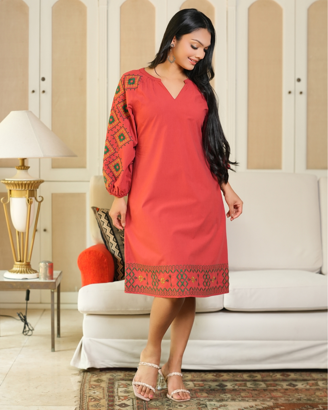 Embroidered Raglan Puff Sleeve Short Dress - Image 2
