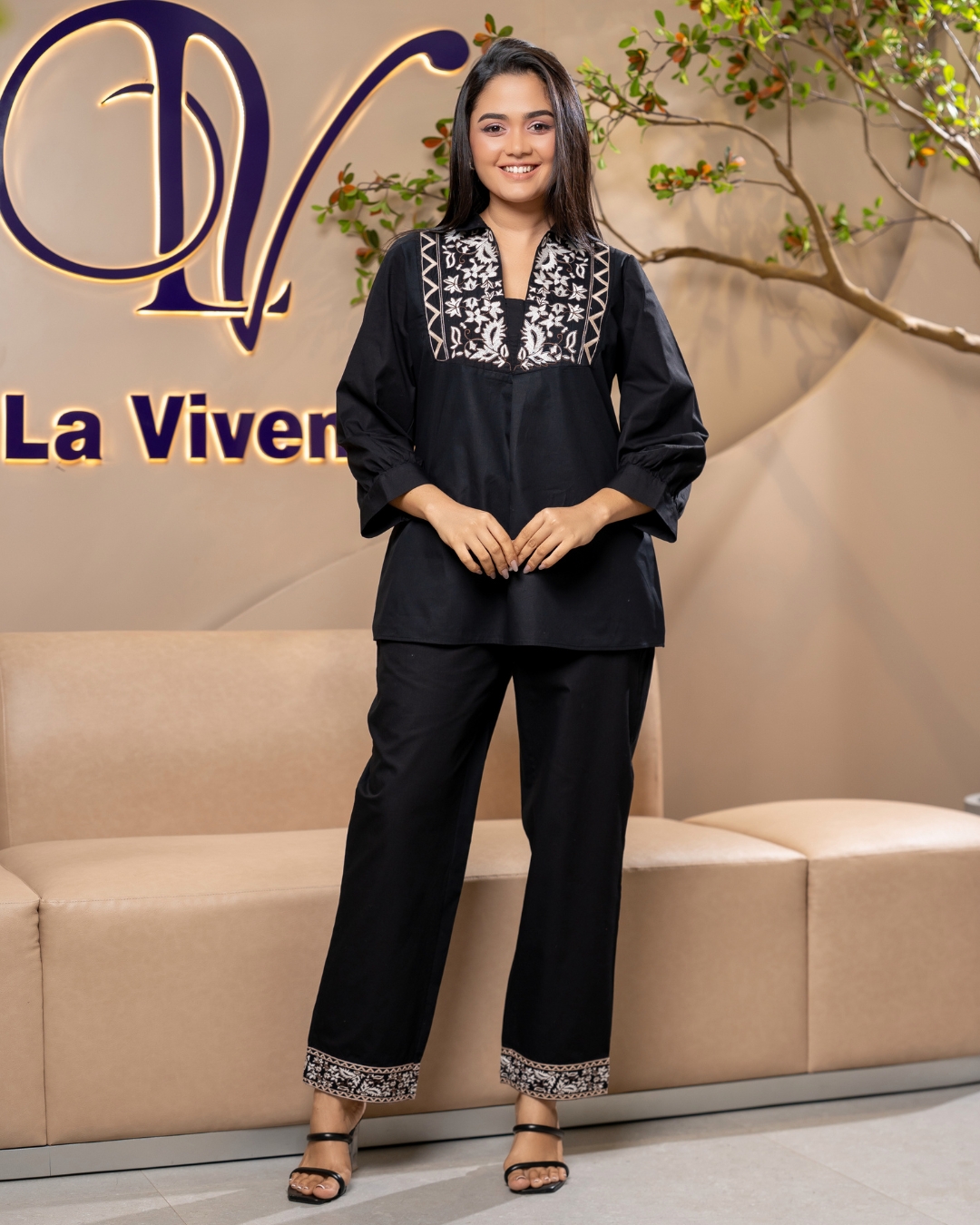 Gusset Neck Embroidered Top and Pants Set - Image 4