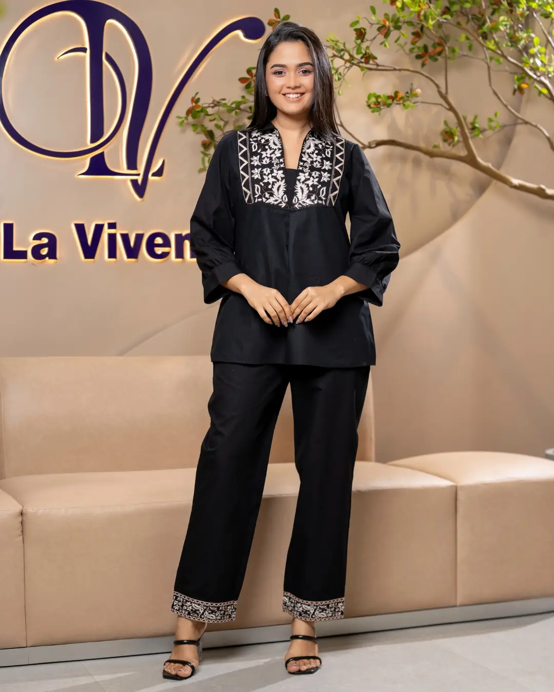 Gusset Neck Embroidered Top and Pants Set - Image 4