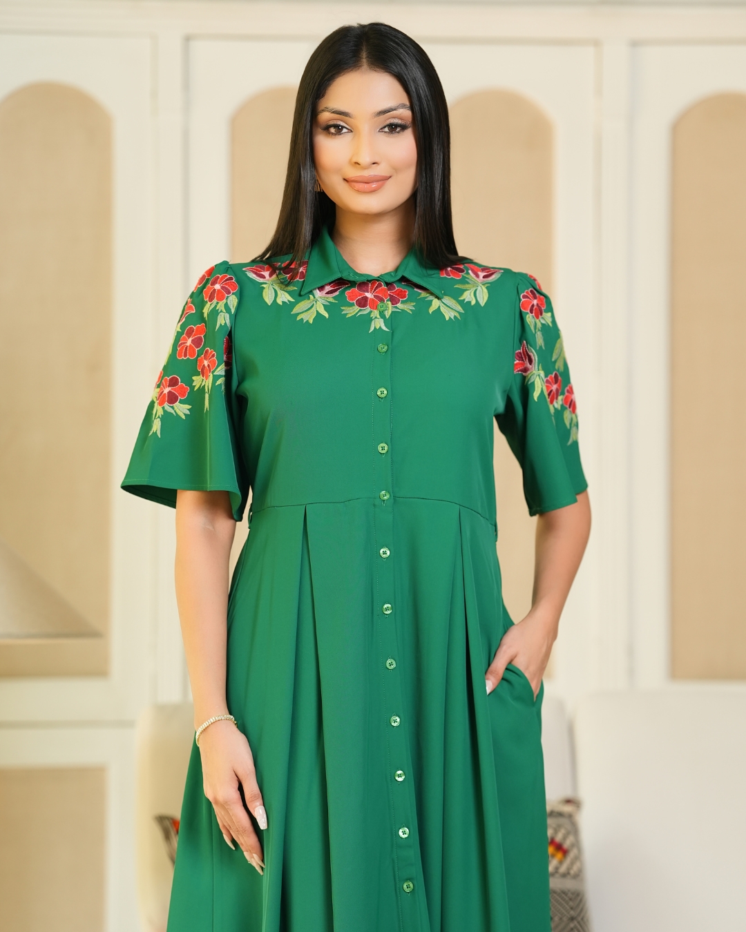 Floral Embroidered Midi Shirt Dress - Image 2