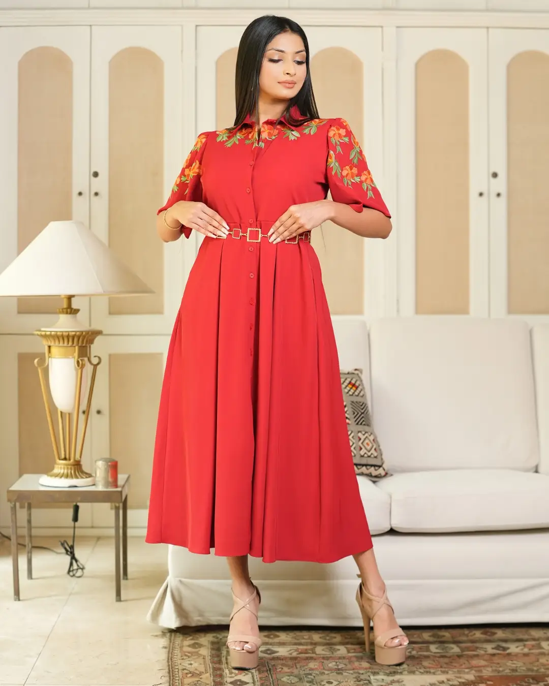 Floral Embroidered Midi Shirt Dress - Image 3