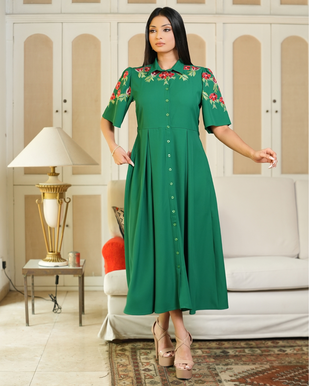 Floral Embroidered Midi Shirt Dress - Image 5