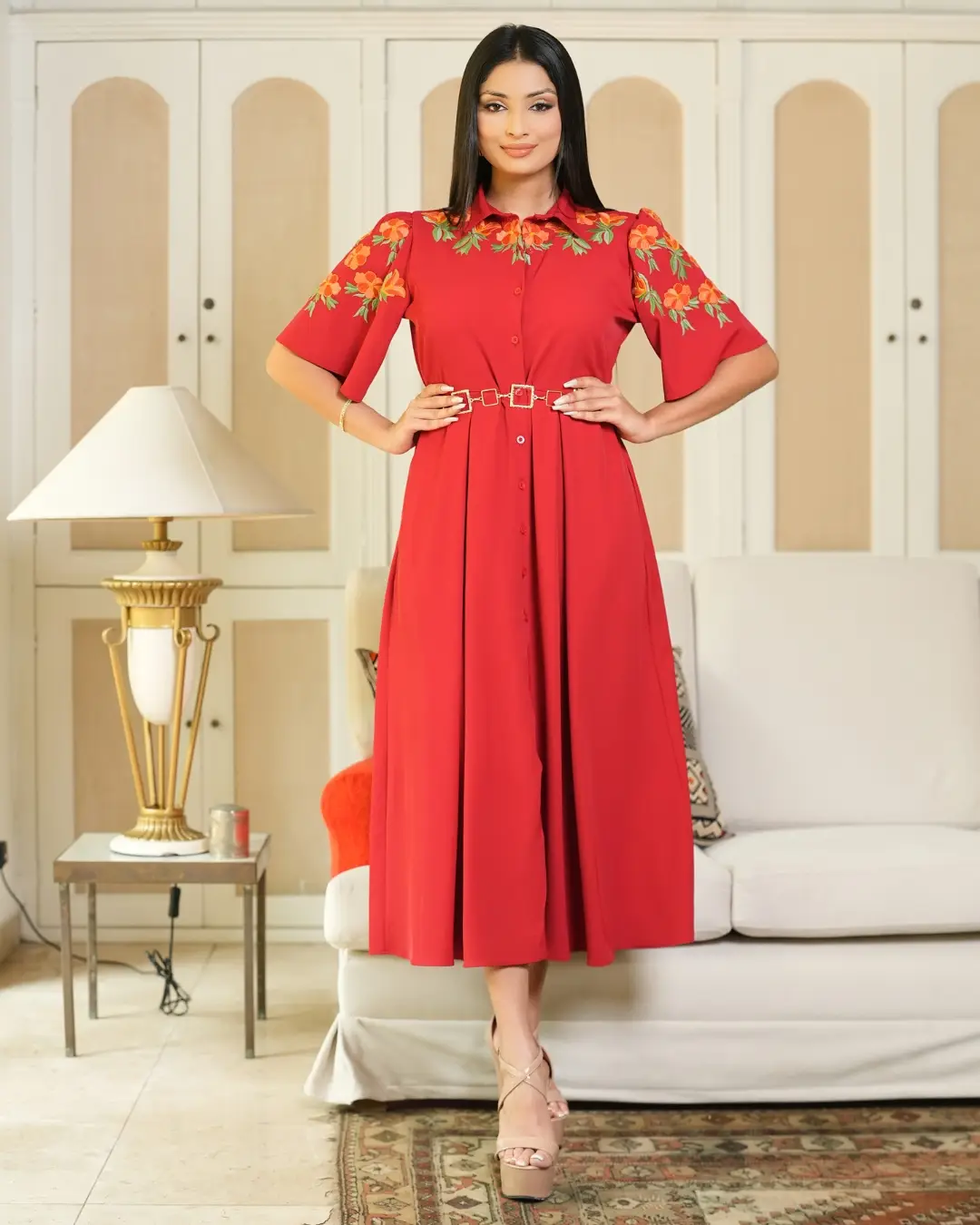 Floral Embroidered Midi Shirt Dress - Image 4