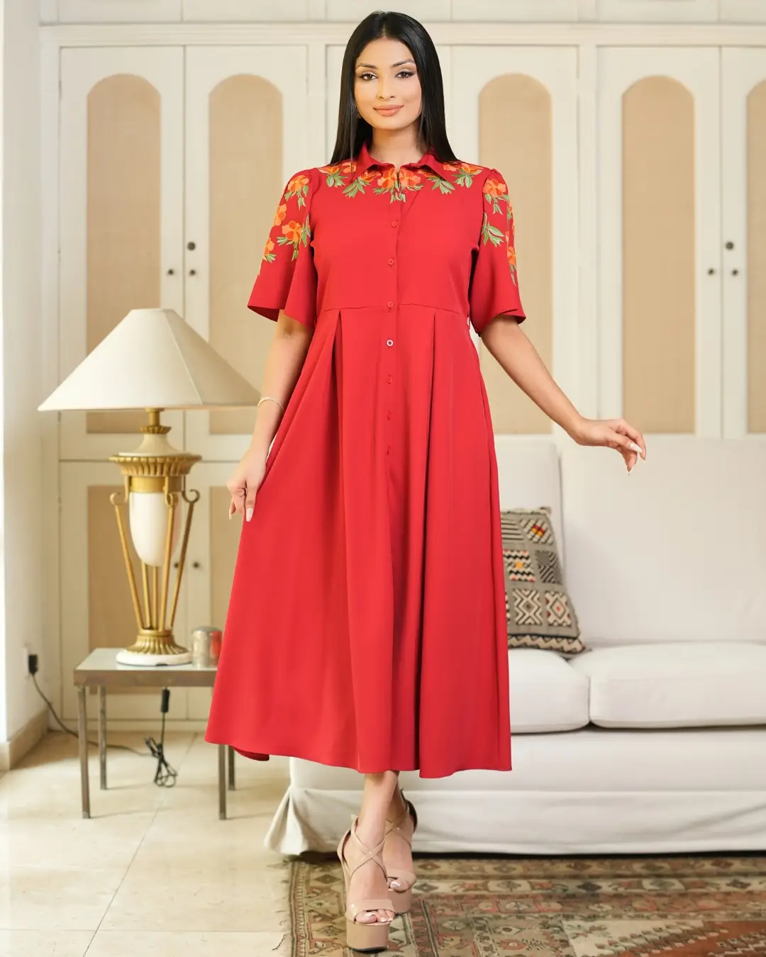 Floral Embroidered Midi Shirt Dress - Image 2