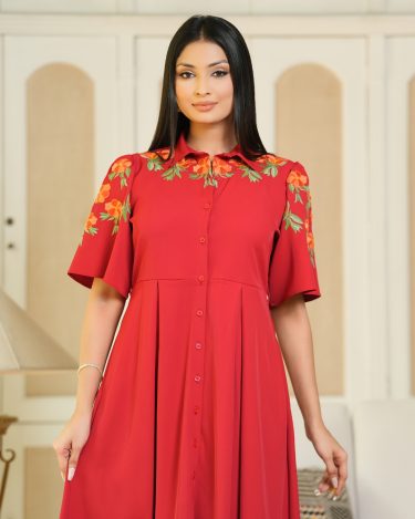 Floral Embroidered Midi Shirt Dress