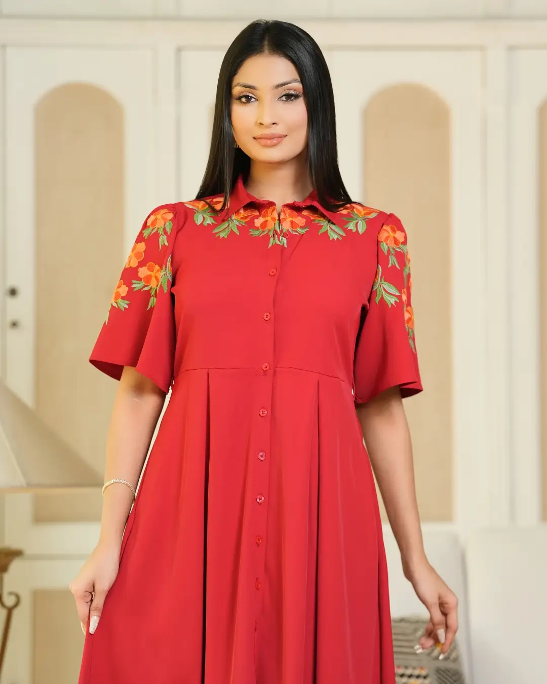 Floral Embroidered Midi Shirt Dress