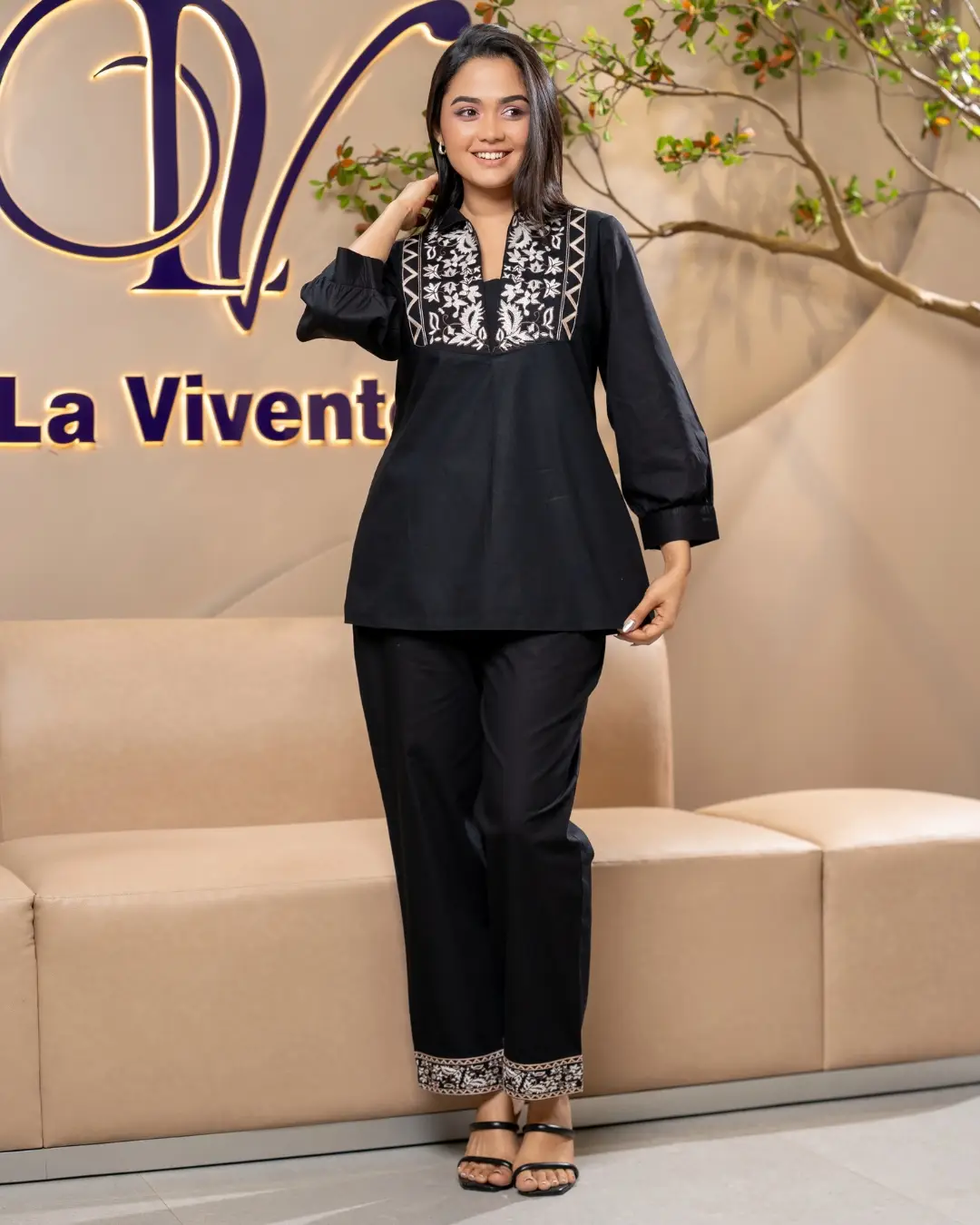 Gusset Neck Embroidered Top and Pants Set - Image 3