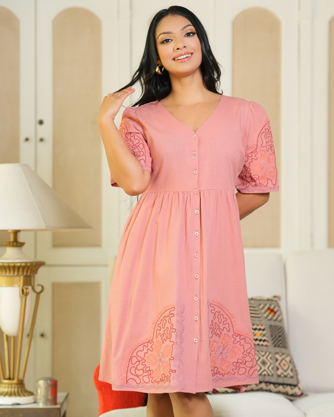 Embroidery Button Down Short Dress