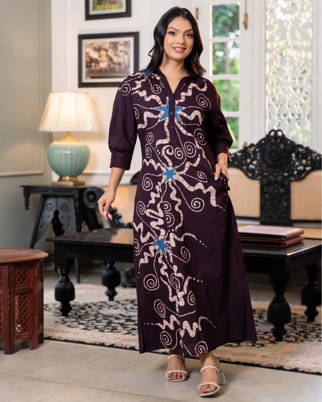 Swirl Star Patterned Loose Fit Batik Maxi Dress - Image 3