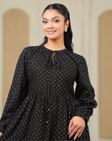 Gold Foil Patterned Raglan Sleeve Short Dress