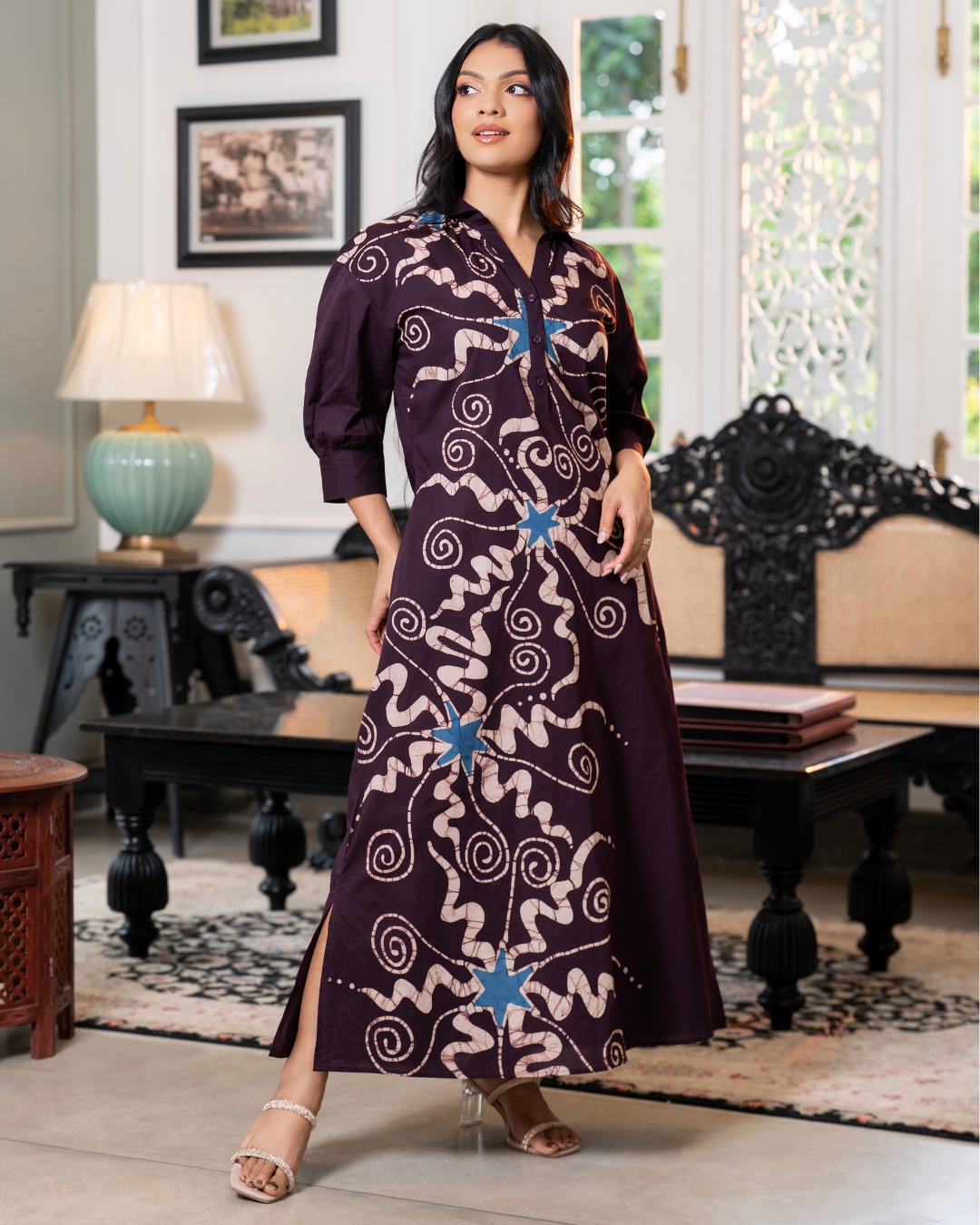 Swirl Star Patterned Loose Fit Batik Maxi Dress - Image 5