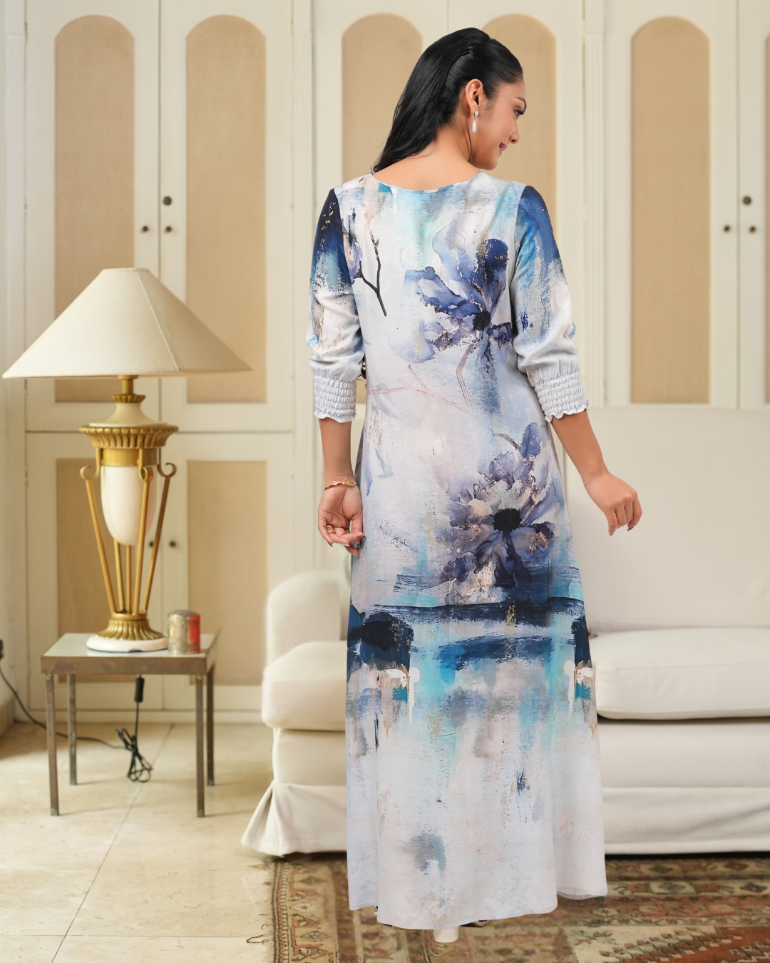 Abstract Floral Smocked Sleeve Maxi Dress - Image 5