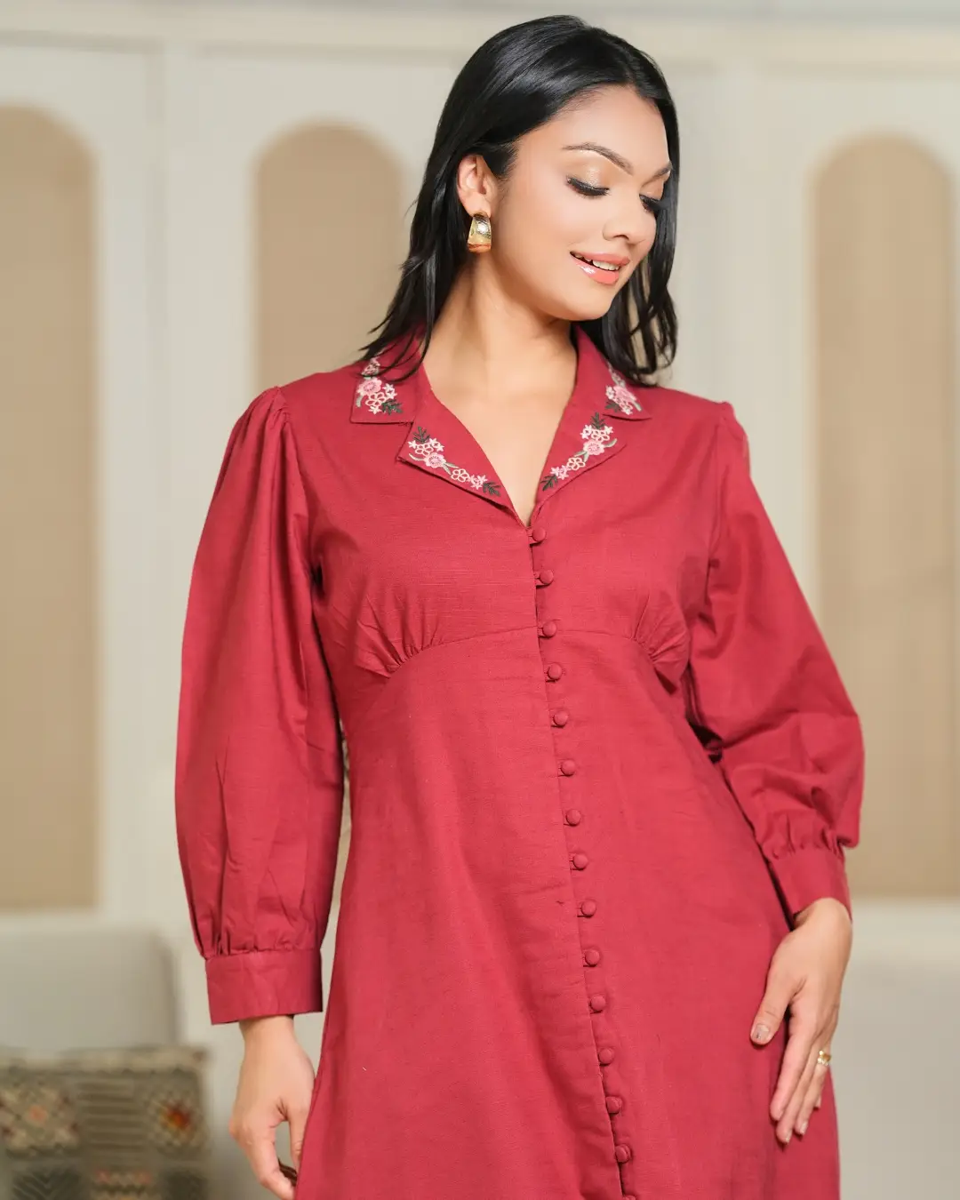 Embroidered Lapel Collar Midi Dress - Image 2