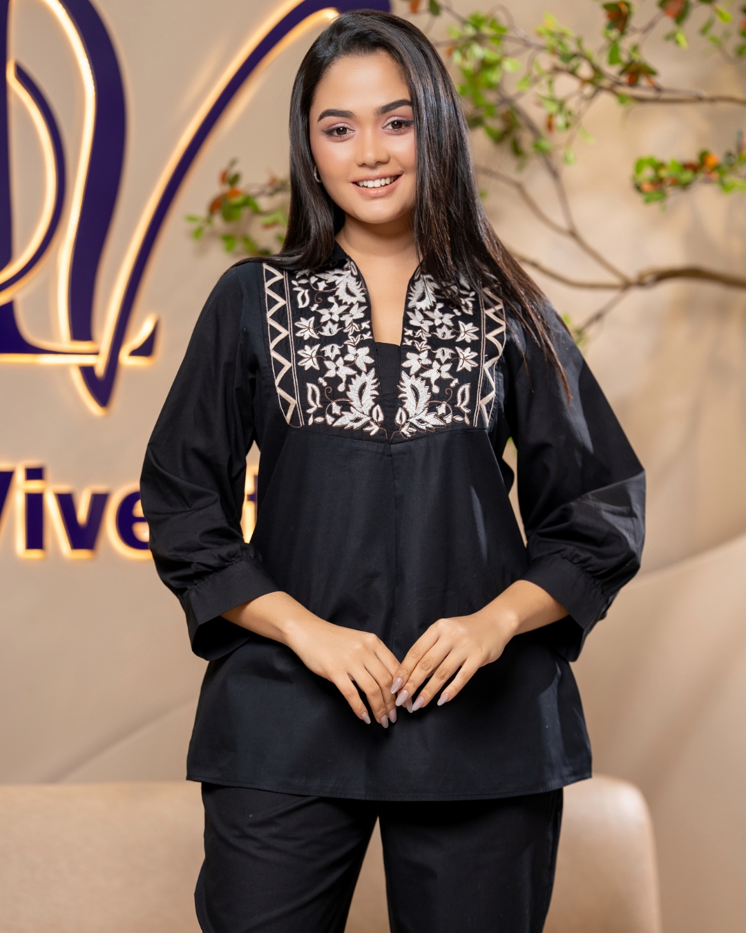 Gusset Neck Embroidered Top and Pants Set