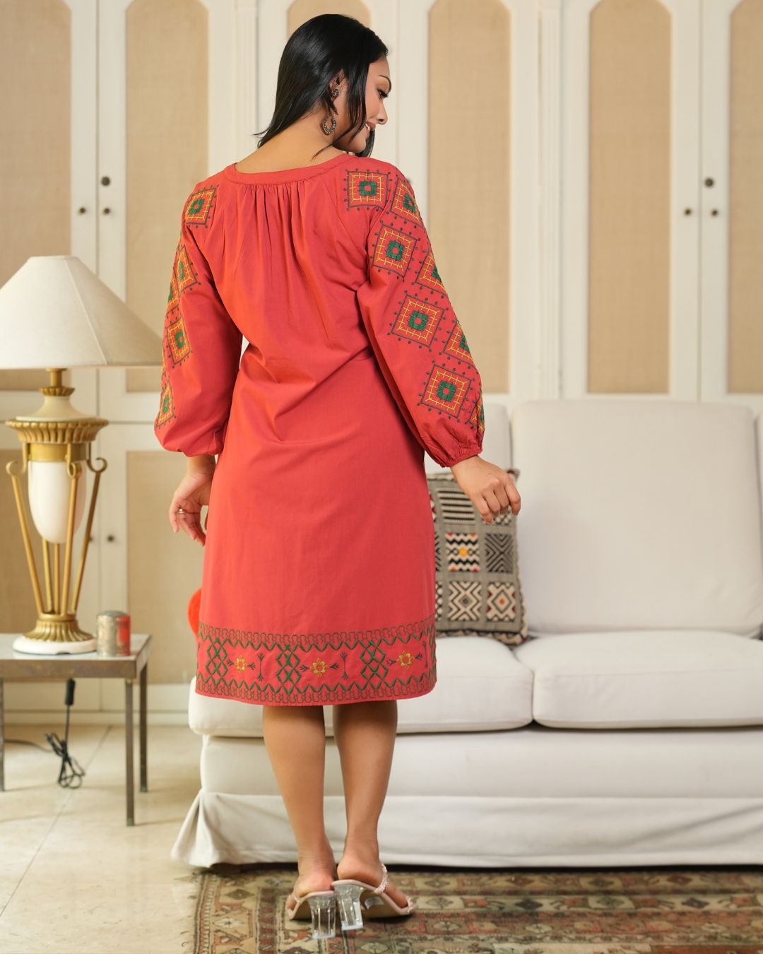 Embroidered Raglan Puff Sleeve Short Dress - Image 5