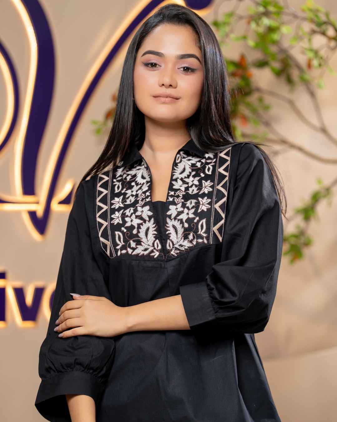 Gusset Neck Embroidered Top and Pants Set - Image 2