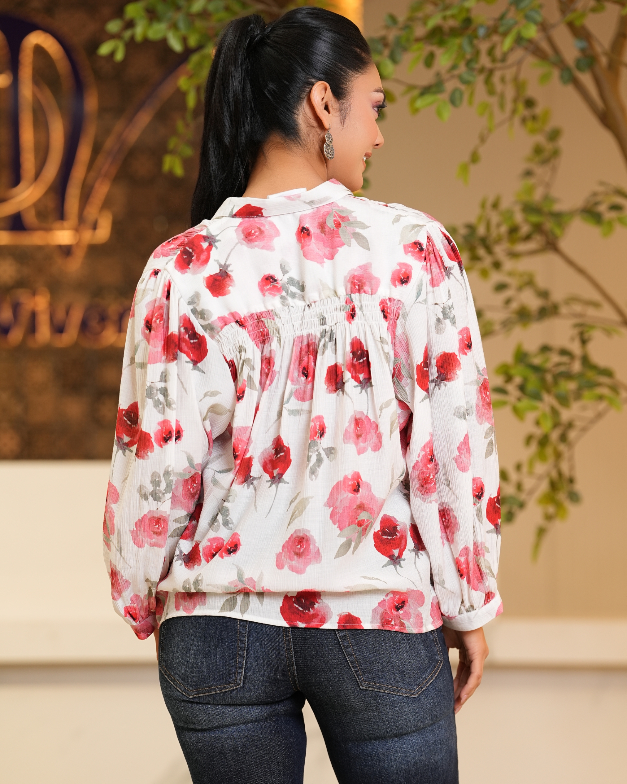 Rose Patterned Puff Sleeve Shirt Blouse - Image 5