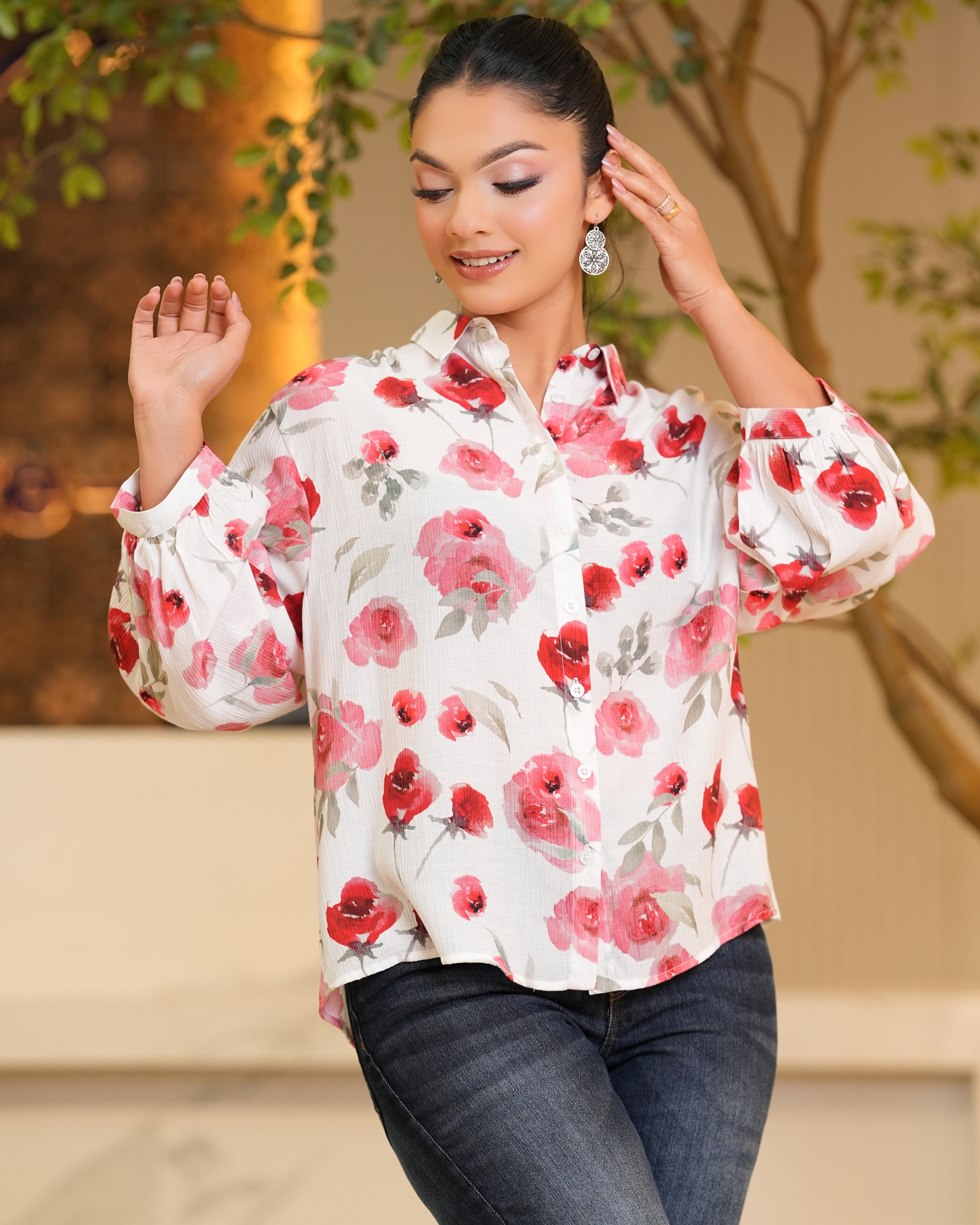 Rose Patterned Puff Sleeve Shirt Blouse - Image 2