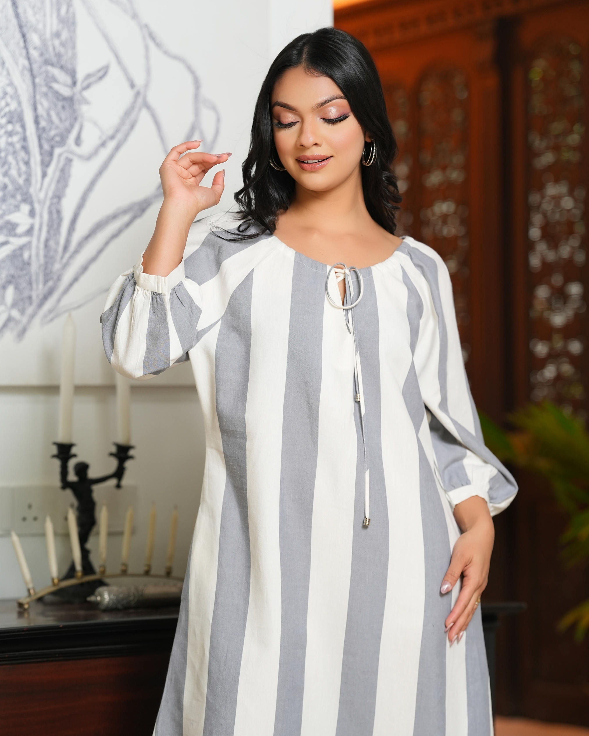 Relaxed Fit Neck Tie-Up Stripe Maxi Dress - Image 2