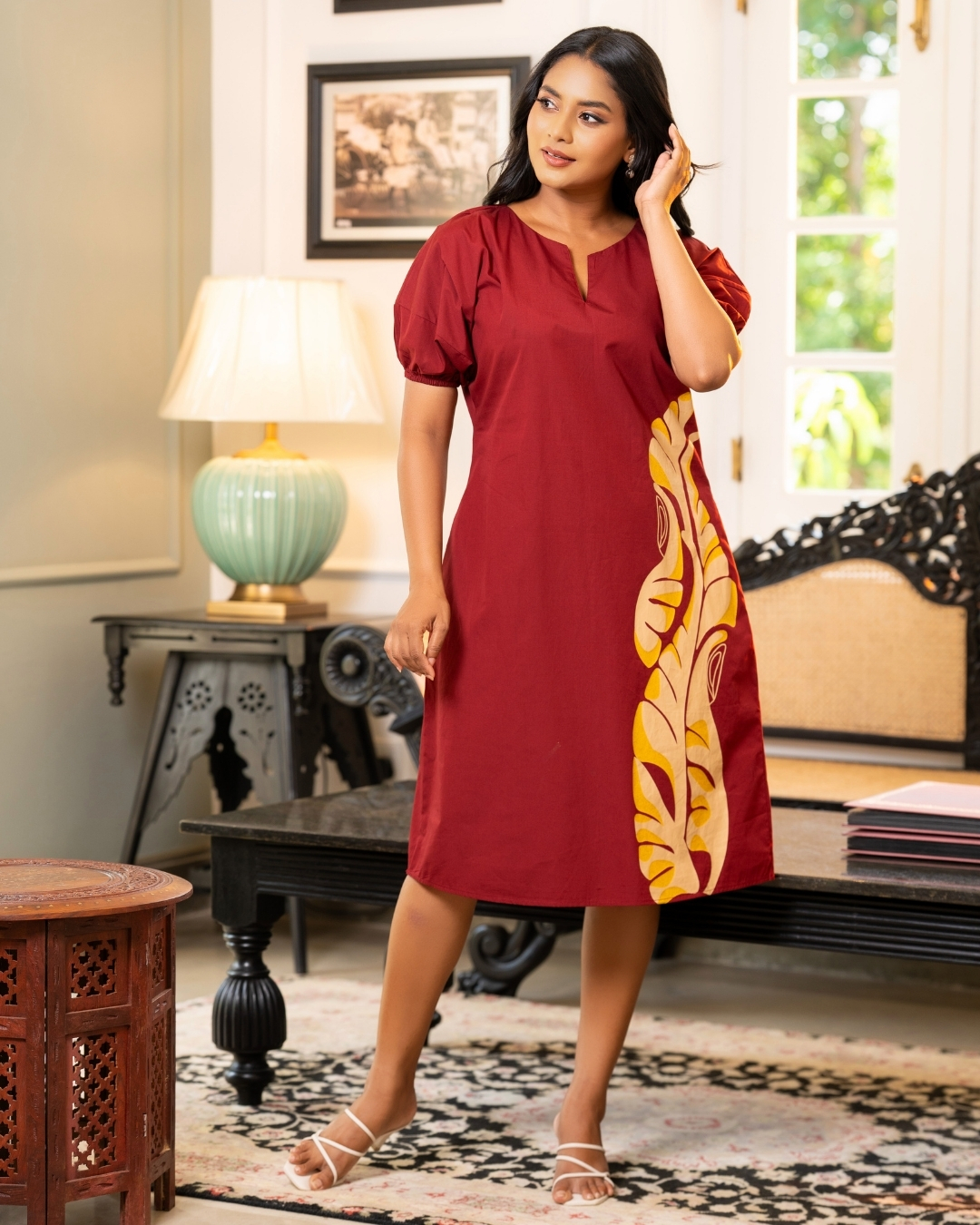 Leaf Patterned Puff Sleeve Short Dress - Image 4