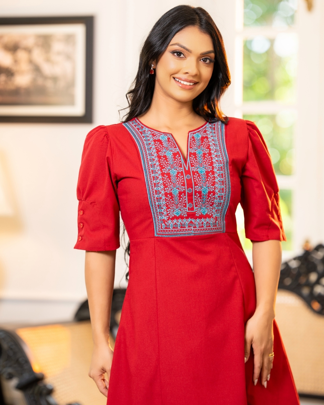 Short A-Line Dress with Front Decorative Embroidery