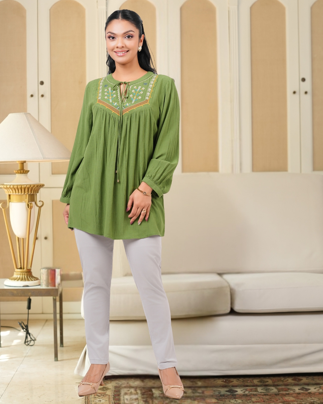 Geometric Embroidery Detail Tie-Up Blouse - Image 4