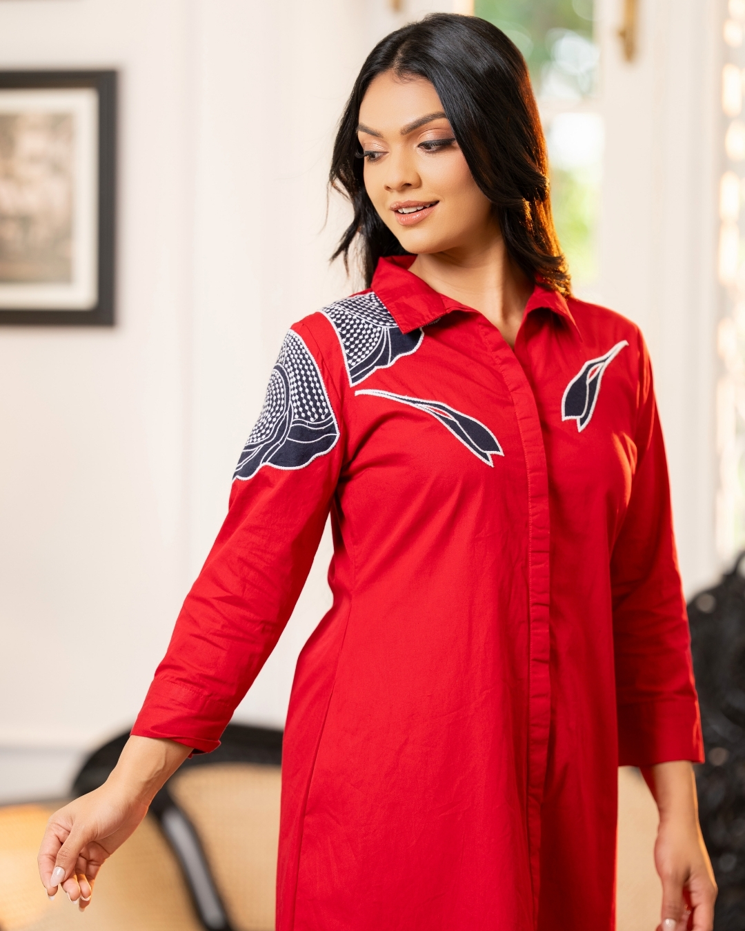 Flower Applique Button Down Short Dress - Image 5