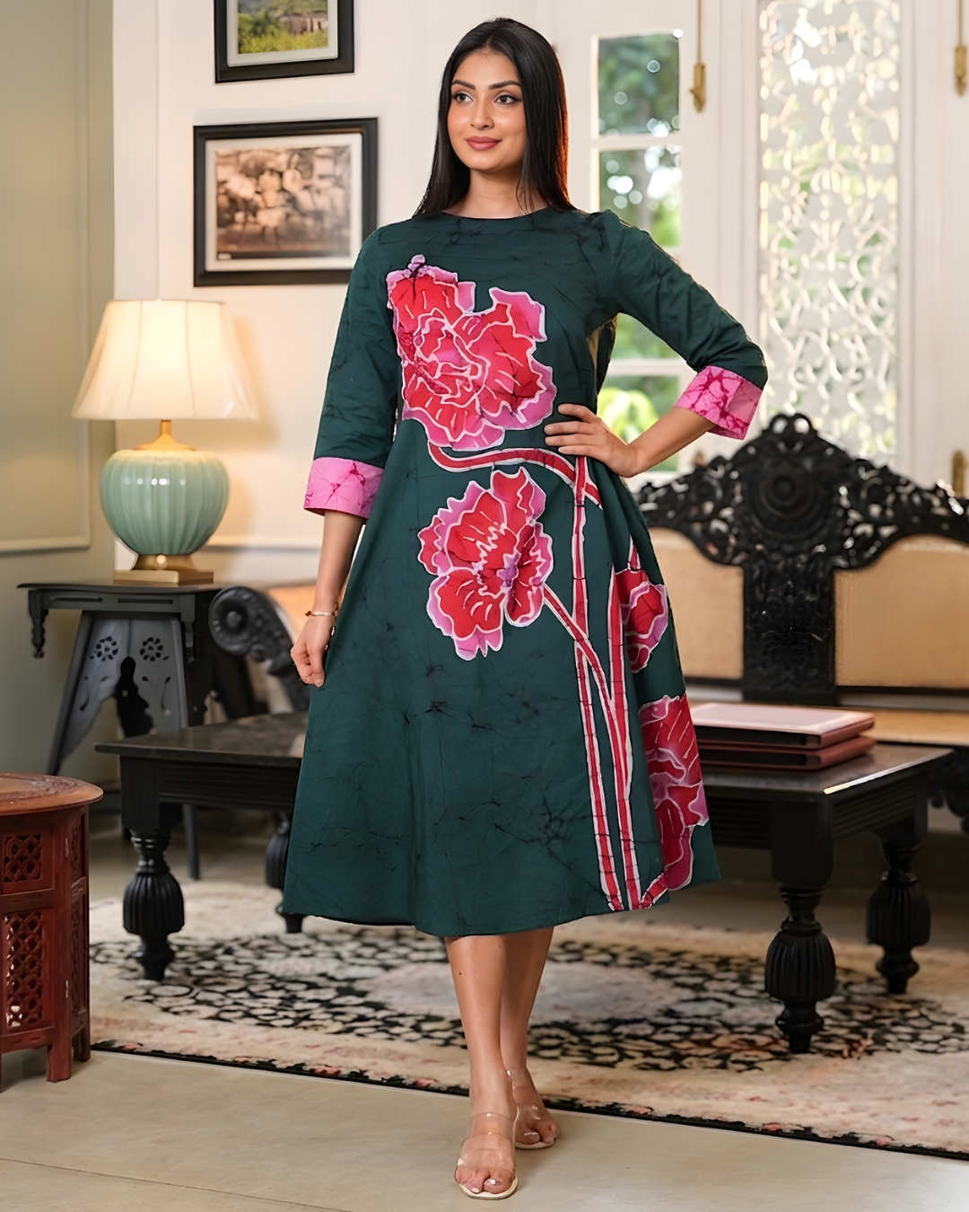 A-Line Floral Batik Midi Dress