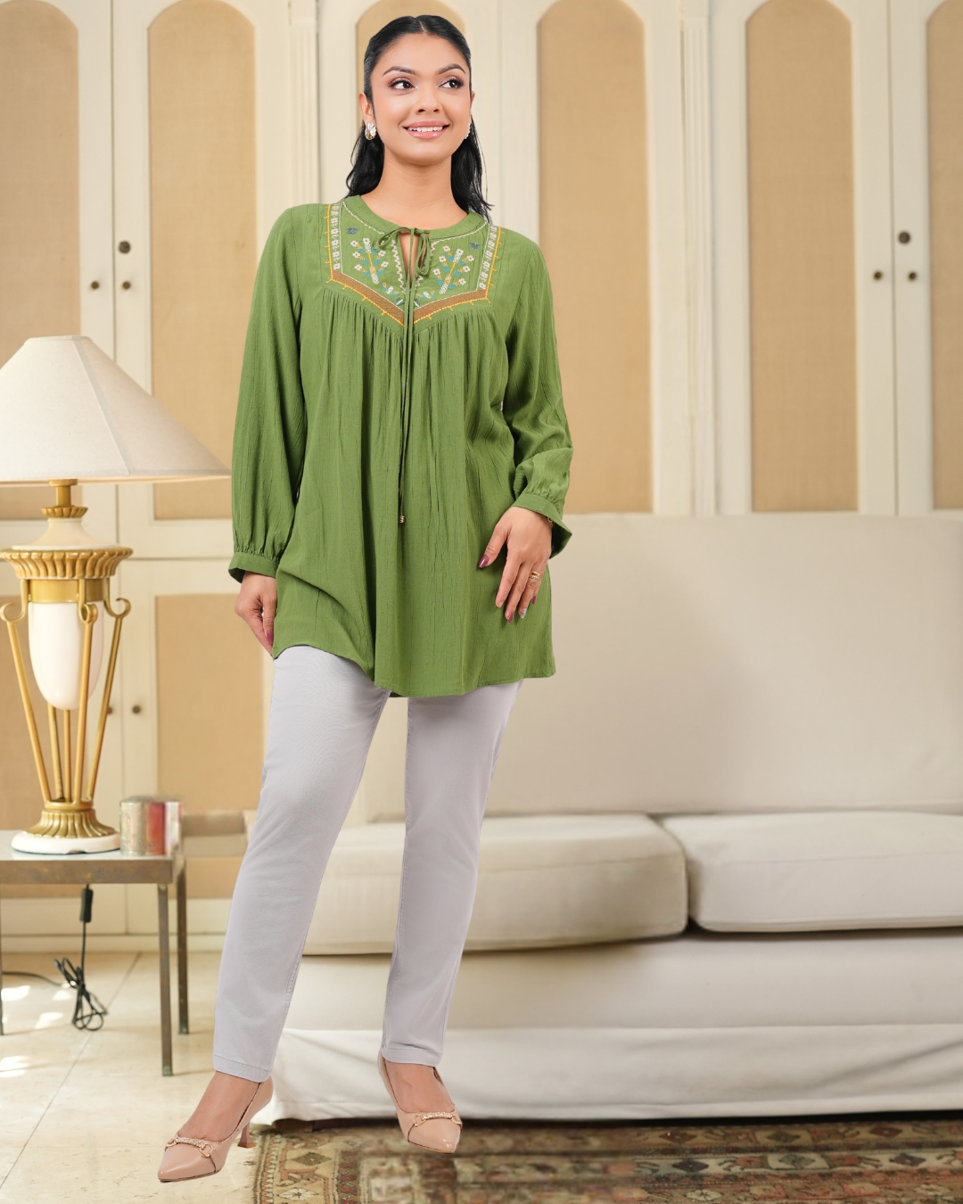 Geometric Embroidery Detail Tie-Up Blouse - Image 3