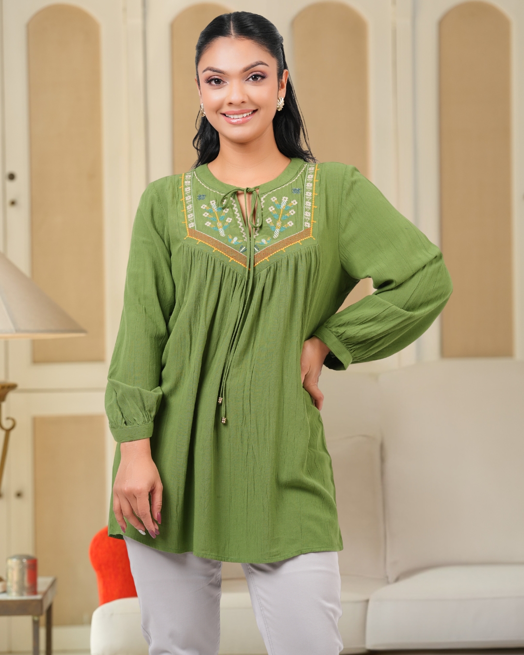 Geometric Embroidery Detail Tie-Up Blouse - Image 2