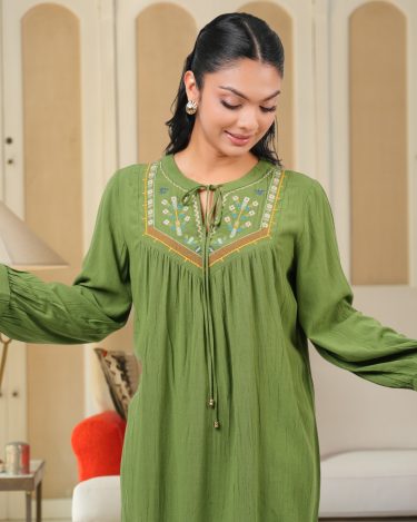 Geometric Embroidery Detail Tie-Up Blouse