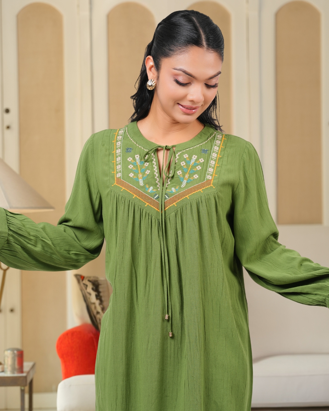 Geometric Embroidery Detail Tie-Up Blouse