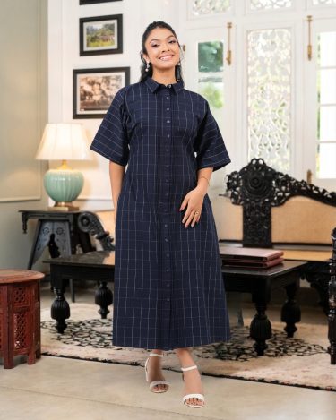 Pintuck Detail Grid Check Midi Shirt Dress