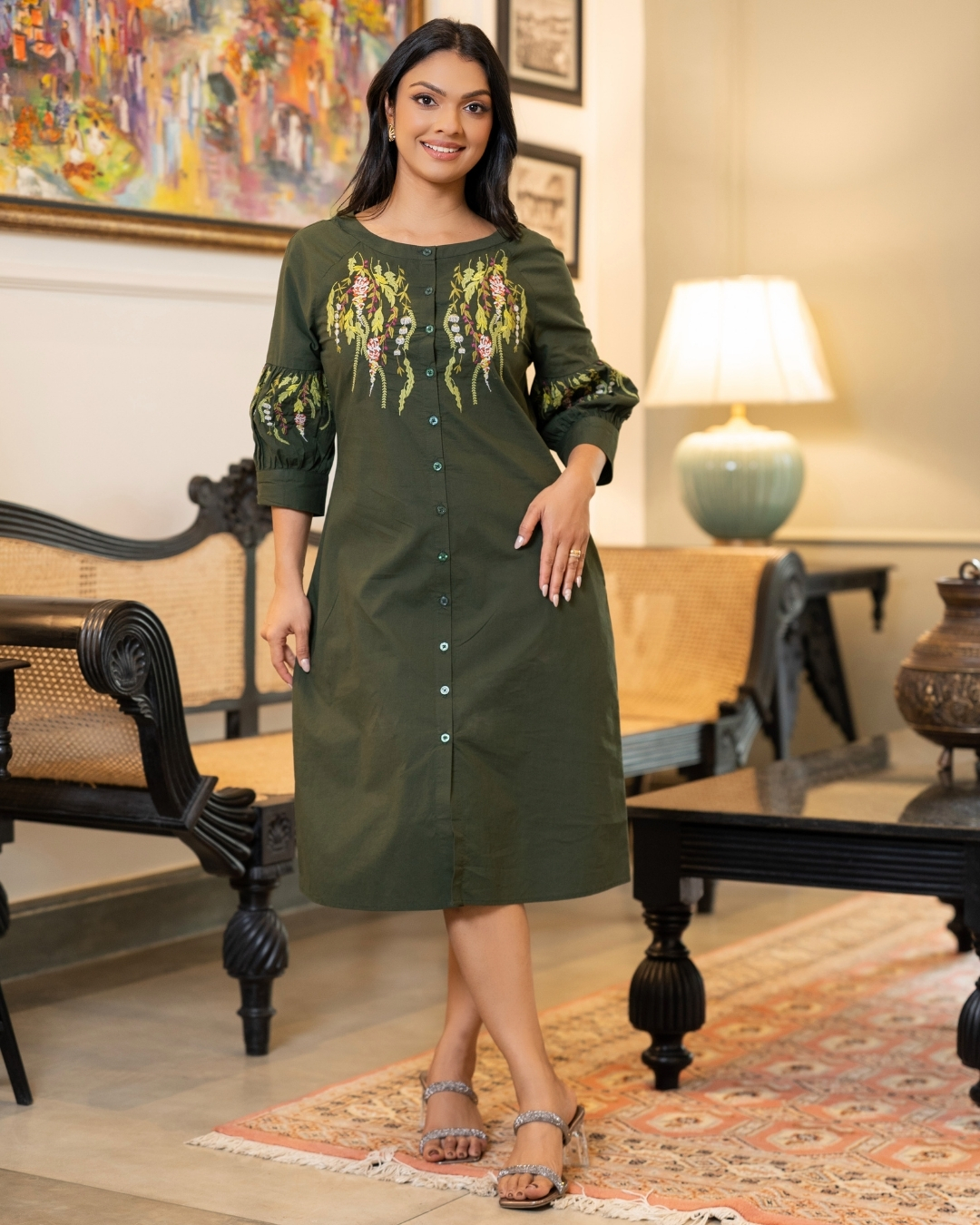 Embroidered Short Dress with Gathered Puff Sleeves - Image 3