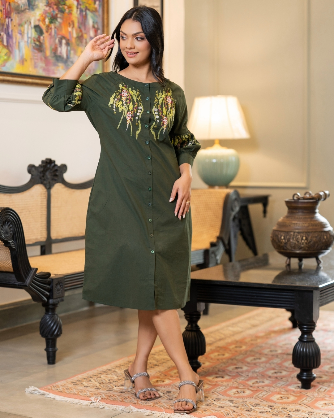 Embroidered Short Dress with Gathered Puff Sleeves - Image 4