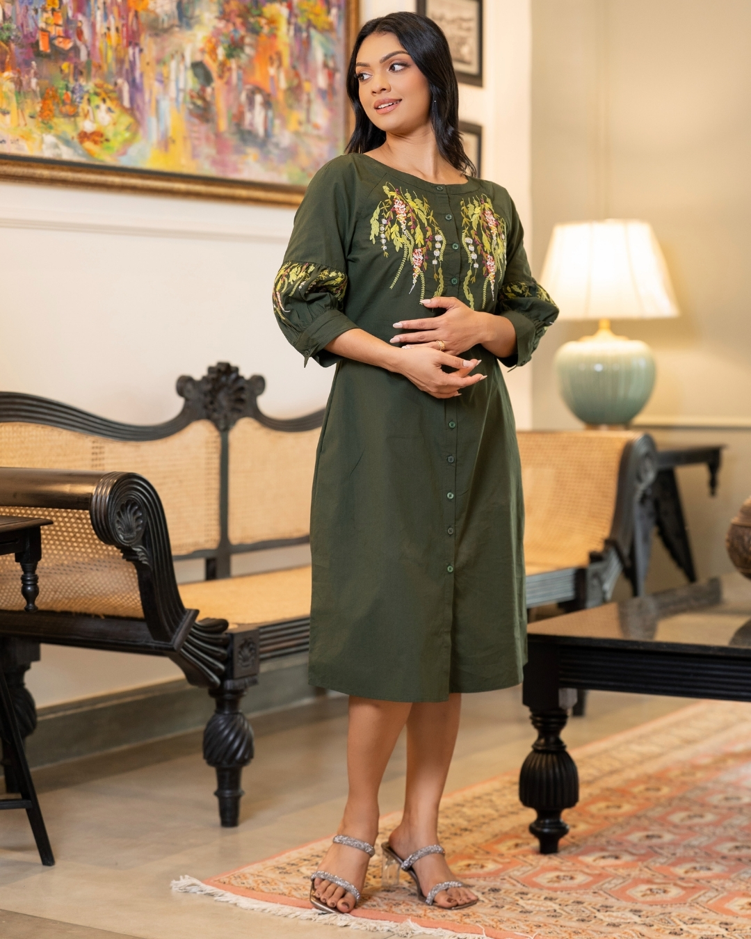 Embroidered Short Dress with Gathered Puff Sleeves - Image 5