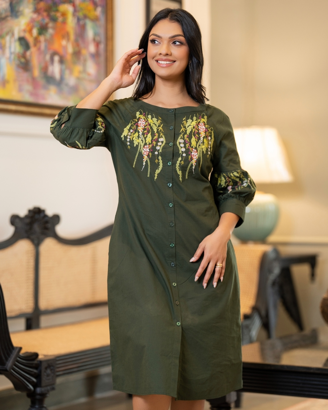 Embroidered Short Dress with Gathered Puff Sleeves - Image 2