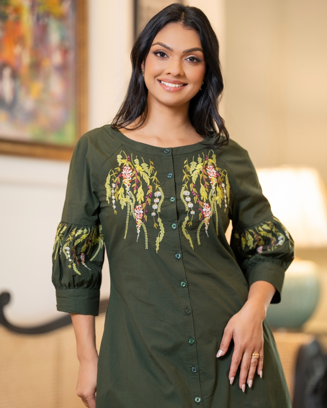 Embroidered Short Dress with Gathered Puff Sleeves