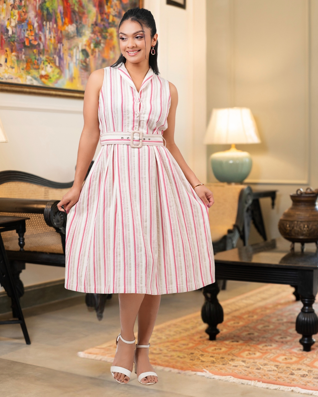 Sleeveless Belt Detail Stripe Short Dress - Image 5