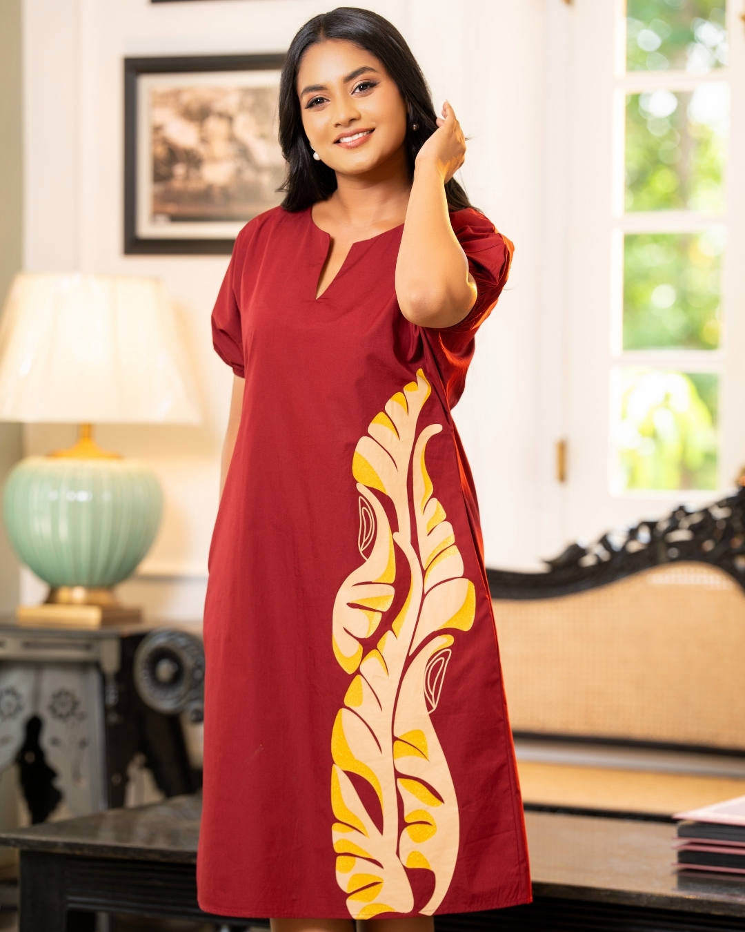 Leaf Patterned Puff Sleeve Short Dress - Image 2